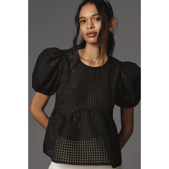 Maeve Tops - Anthropologie Maeve Short-Sleeve Babydoll Blouse Womens Medium Black Puff Sleeve